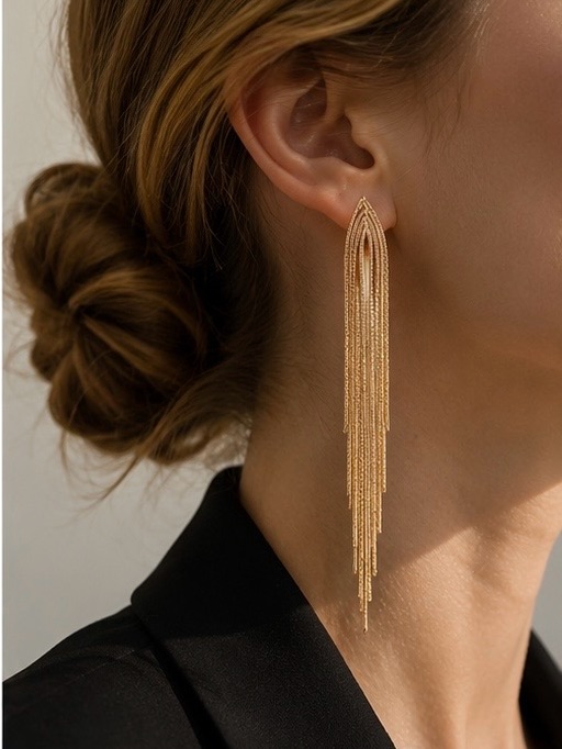 Long Gold Fringe Drop Earrings Women's Evening Jewelry